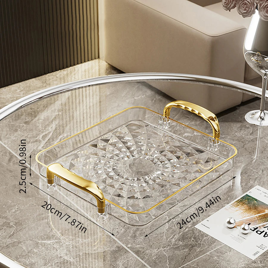 Transparentes Luxus-Serviertablett – Kunststoff Obst- & Desserttablett mit Griff, Dekoratives Aufbewahrungs- & Küchen-Organizer-Tablett