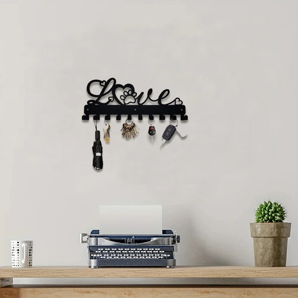 LOVE Metall Schlüsselhalter – Schwarzer Wandhaken aus Eisen mit 10 Haken | Dekorative Organizer-Leiste für Handtücher, Taschen, Kleidung, Caps & Schlüssel