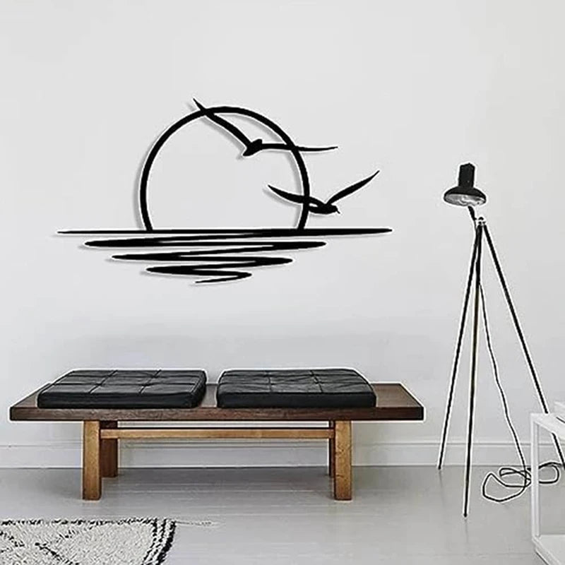 Sonnenaufgang Metall Wandbild – Sonne und Möwen Minimalistisches Linien Design 30x16 cm Kaufschwan®