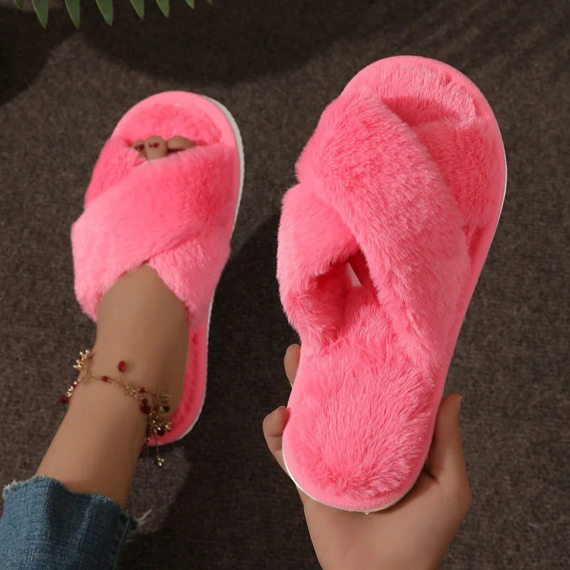 Modische Cross-Strap Plüschpantoffeln für Damen | Flauschige Hausschuhe für Zuhause | Kunstfell Flacher Absatz, Große Größe 43 Kaufschwan® Rosiges Rot 36-37