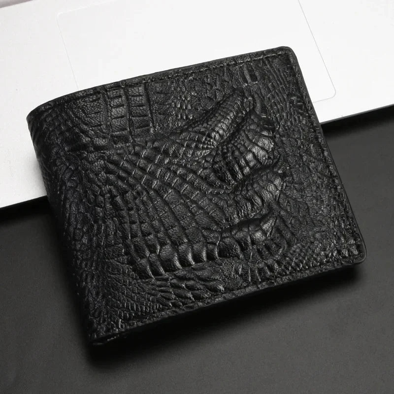 Retro Herren Geldbörse aus Leder – 3D Krokodil Muster | Kurze Querformat Brieftasche mit Geldklammer & Polyesterfutter Kaufschwan® Schwarz