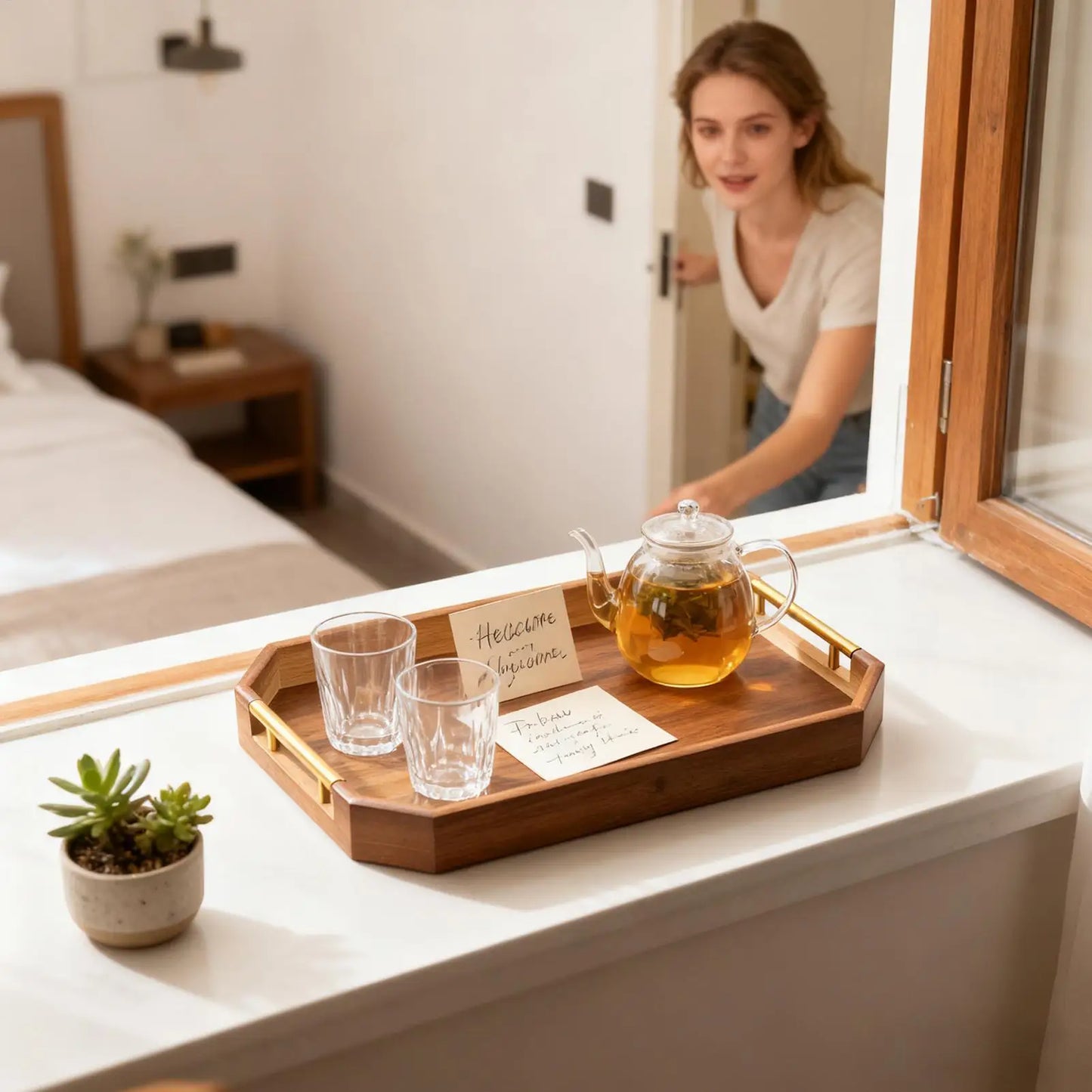 Achteckiges Holz-Serviertablett mit Griffen – Auslaufsicheres Frühstücks-im-Bett-Tablett für Couchtisch, Barwagen & Farmhouse-Deko