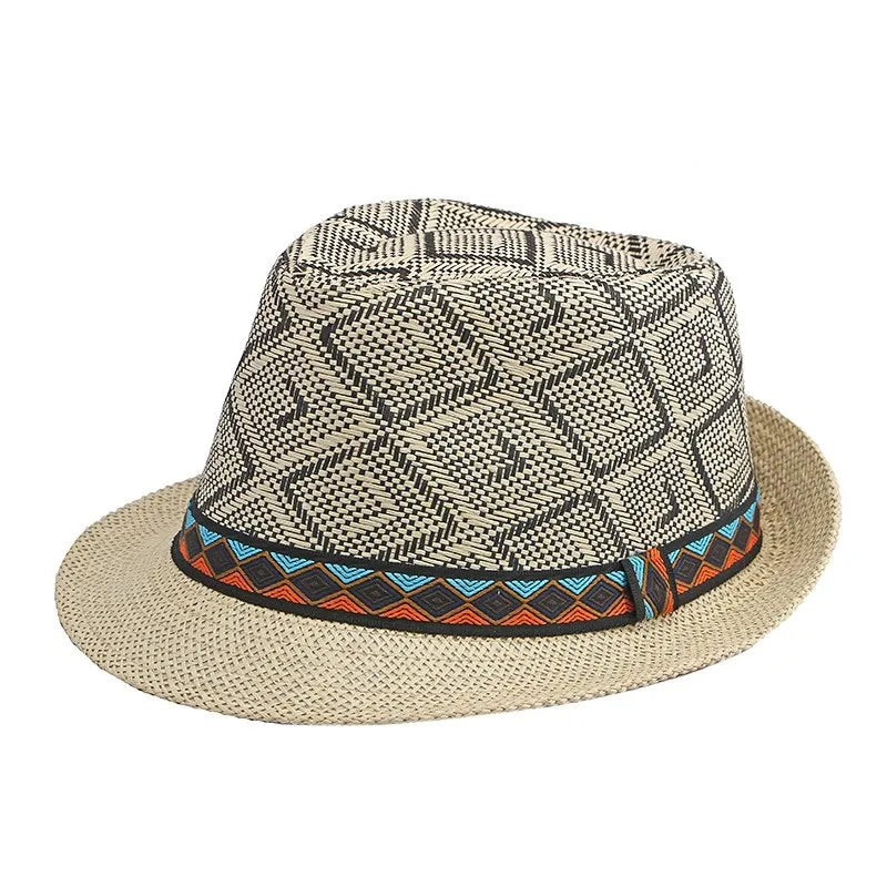 Retro Sonnenhut – Britischer Top Hat Stil, Geometrischer Strohhut mit Gürtel, Unisex Strand & Partner Fedoras
