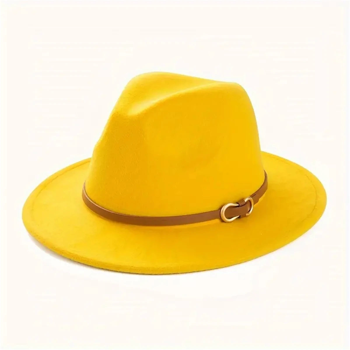 Unisex Ganzjahres Retro Flachkrempen-Hut – Schwarzer Jazzhut aus Filz mit Gürtel, Casual Fashion für Herren & Damen Kaufschwan® Gelb 57cm