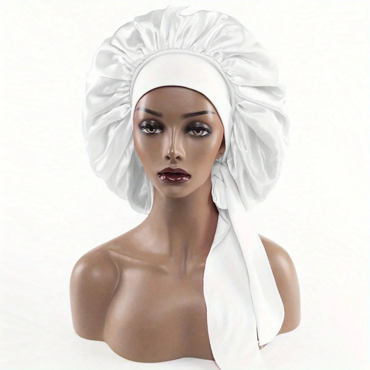 Breite Satin-Schlafhaube für Damen – Elastische Nachthaube mit Langem Bindeband für die Haarpflege