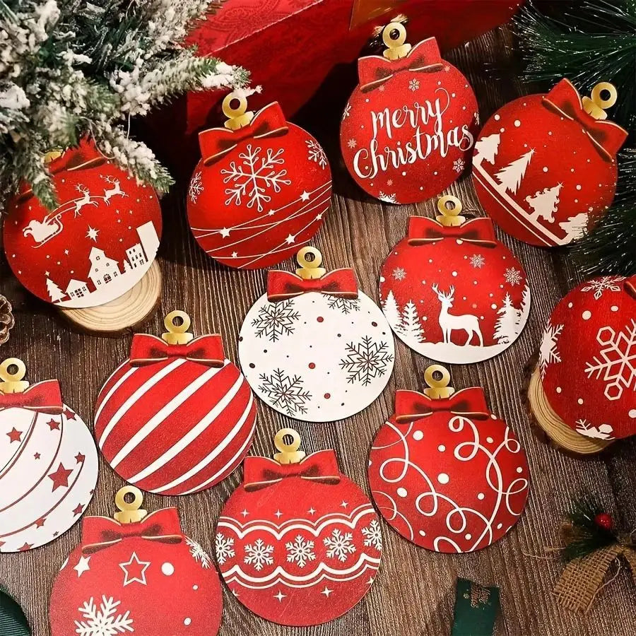 12 Stück Holz Weihnachtskugeln – Festliche Anhänger Deko Set | Weihnachts- & Neujahrsdekoration für Zuhause oder Party