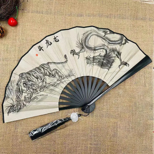 Retro Drachen Faltfächer | Beidseitiger Seidenstoff Handfächer | 8-Zoll Tragbarer Chinesischer Hanfu Fächer für Damen & Herren Kaufschwan®