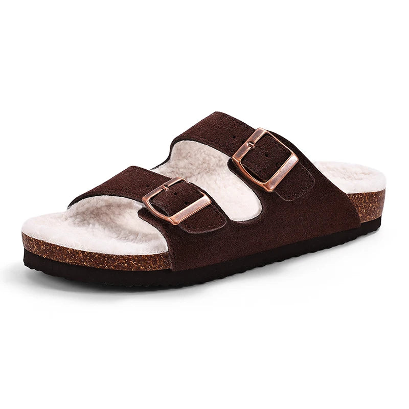 Klassische Winter-Pantoffeln | Unisex Fell-Suede Clogs | Kuschelige Hausschuhe mit Verstellbarer Schnalle & Kork-Fußbett