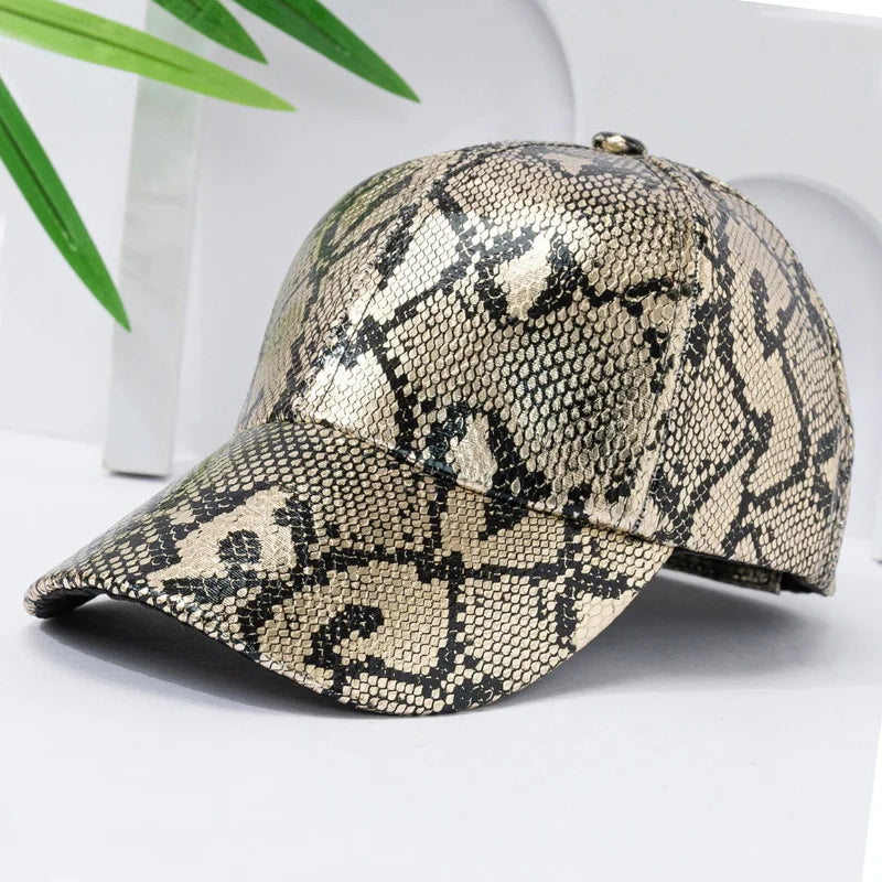 Snake Print PU Leder Baseballkappe | Verstellbarer Hip-Hop Street Dance Hut | Leicht & Sonnenschutz für Outdoor-Aktivitäten Kaufschwan® Gold Einstellbar