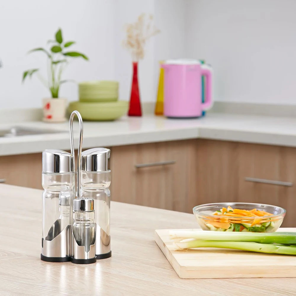 4-in-1 Gewürzflaschen Set mit Halter – Öl- & Essigspender, Salz- & Pfefferstreuer | Glas Cruet Set mit Ständer Kaufschwan®