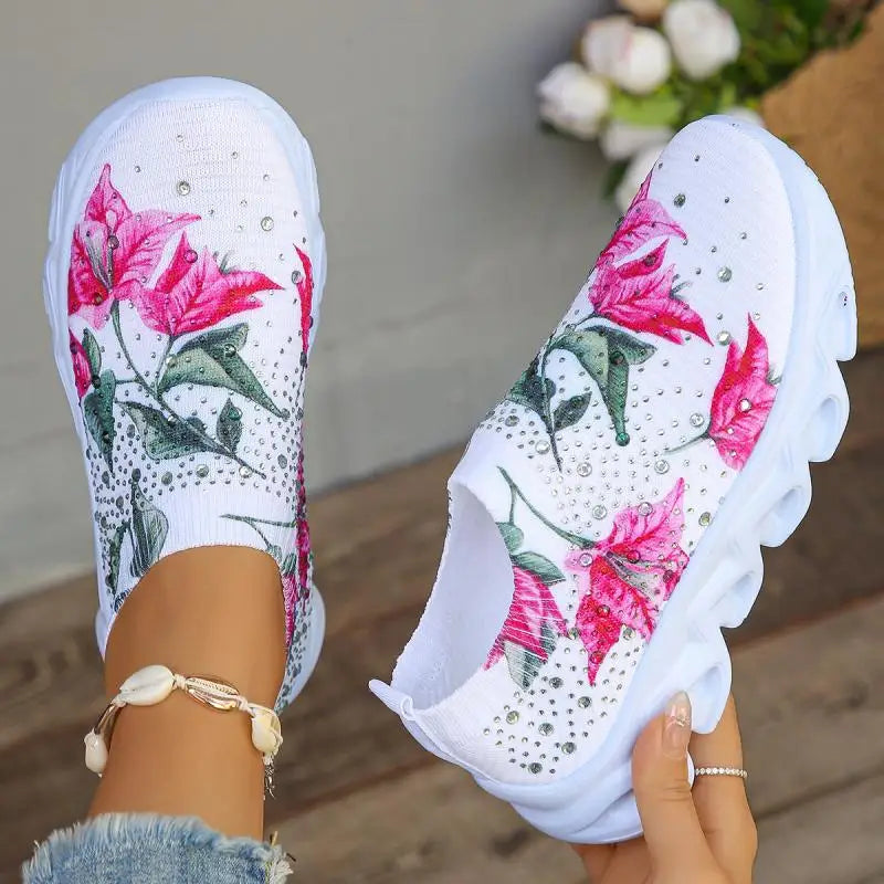 Kristall Blumen Damen Strick-Sneaker – Sommer Atmungsaktive Air Mesh Freizeitschuhe | Leichte Sportschuhe & Walking Flats Kaufschwan®