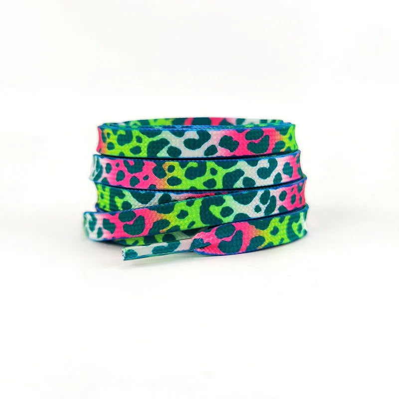 Flache Modische Schnürsenkel – Leopardenmuster & Tie-Dye Farbverlauf | Stilvolle Laces für AF1, AJ1 & Leinensneaker Damen & Herren Kaufschwan® Dunkelgrün Rosa 120cm