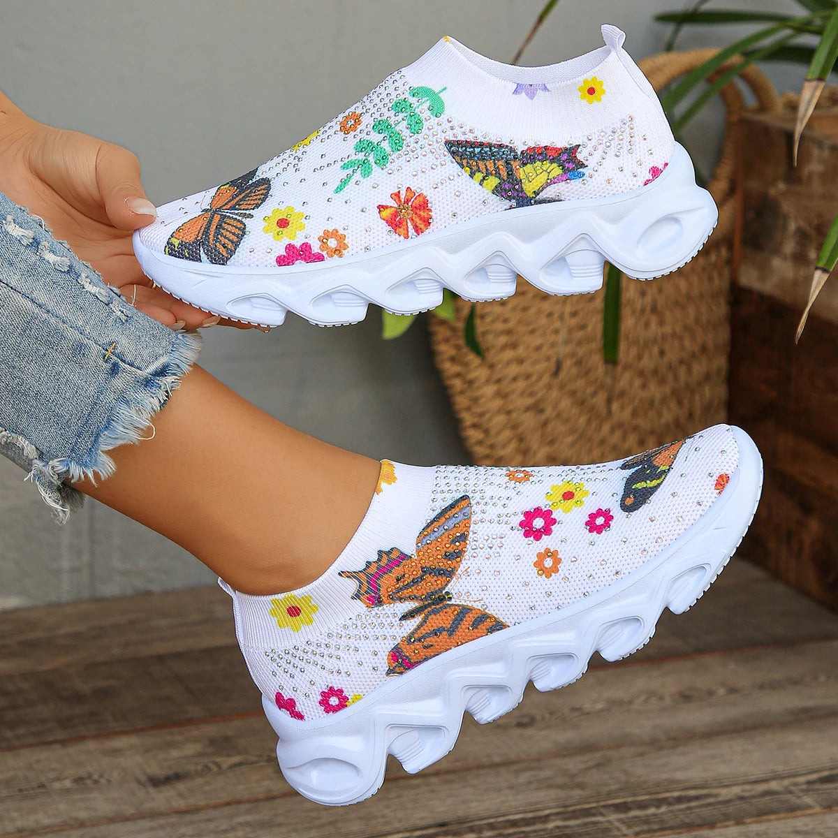 Kristall Blumen Damen Strick-Sneaker – Sommer Atmungsaktive Air Mesh Freizeitschuhe | Leichte Sportschuhe & Walking Flats Kaufschwan®