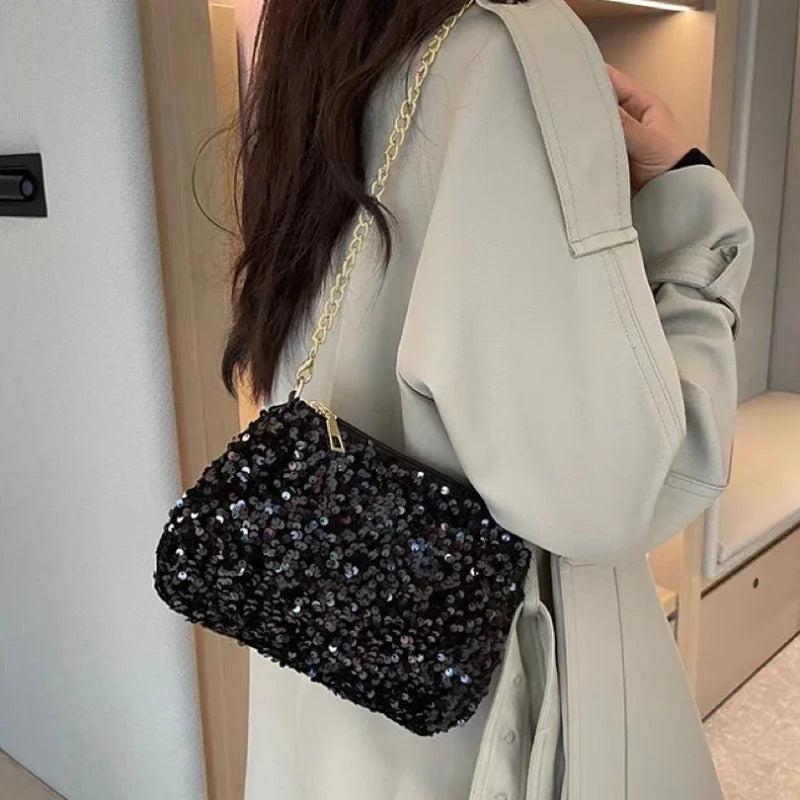 Pailletten Crossbody Kettentasche – Einfarbige Schultertasche, Underarm Bag & Abend Clutch Handtasche für Damen Kaufschwan®