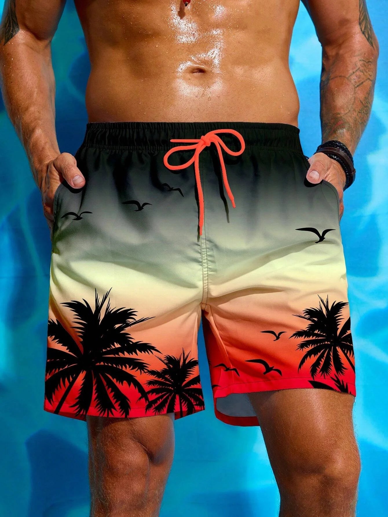 Herren Badeshorts mit Palmenmuster – Sommer Boardshorts mit Kordelzug | 3D Druck Atmungsaktive Strandshorts Streetwear