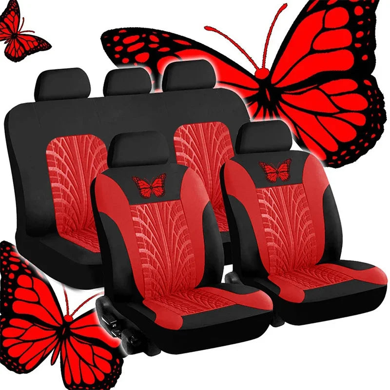 Universelles Autositzbezüge-Set – Vollständiges Set mit eleganter Schmetterlingsstickerei für Auto, SUV, Van & LKW Kaufschwan® Rot (5 Sitze)