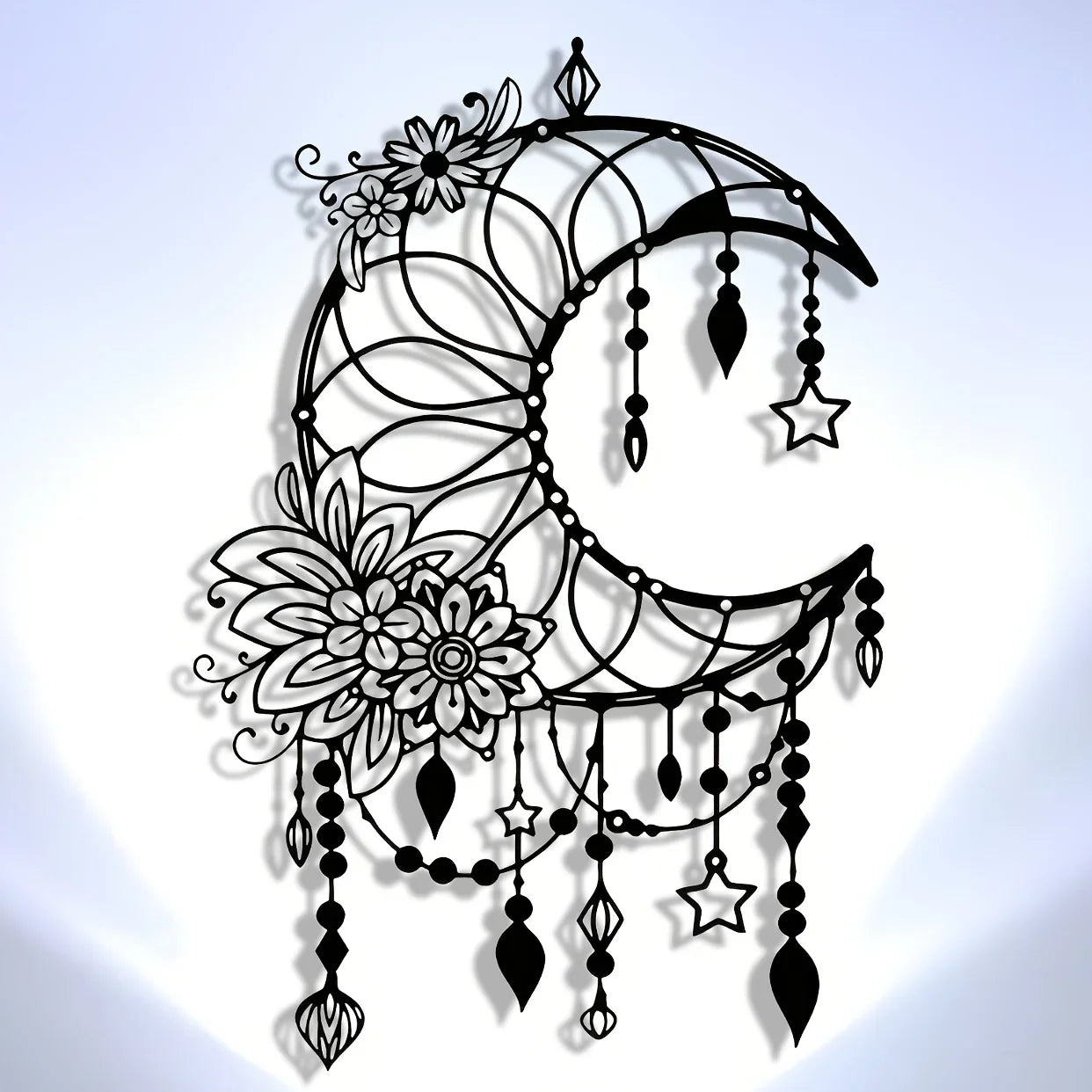 Elegantes Gothisches Mond & Blumen Metall Wandbild – Modernes Hängedekor