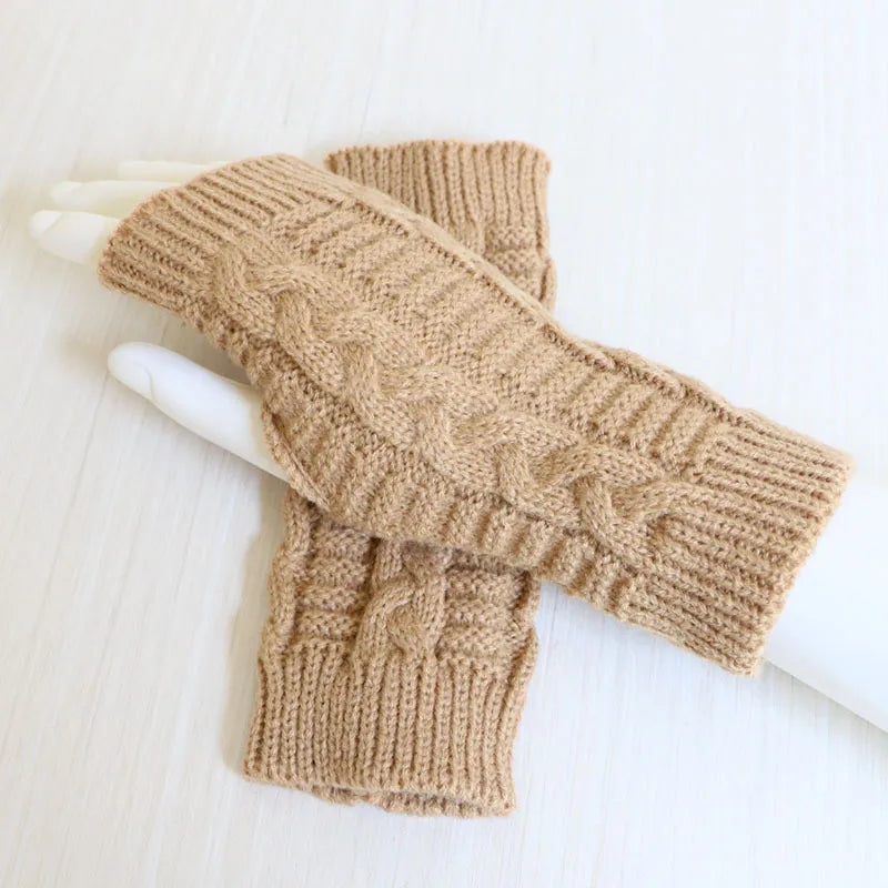 Damen Stylische Handwärmer – Fingerlose Strickhandschuhe | Winter Armwärmer mit Zopfmuster aus Kunstwolle Kaufschwan® Khaki