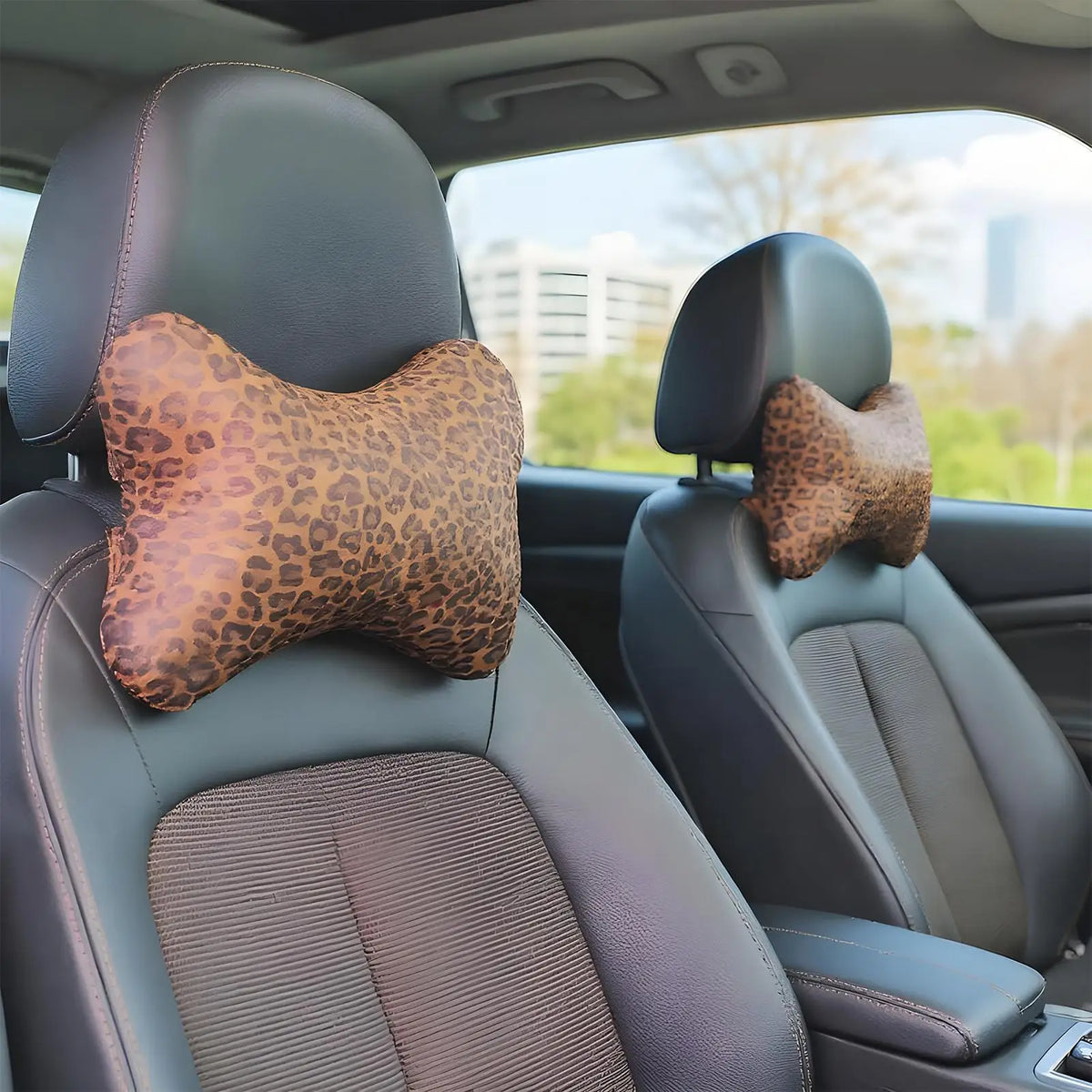 Leopardenmuster-Auto-Nackenkissen-Set – 2 Atmungsaktive Kopfstützenkissen mit Verstellbarem Gurt für Erwachsene Kaufschwan®