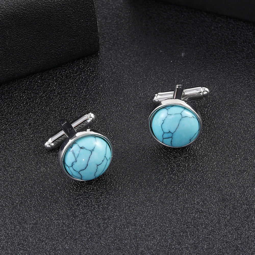 Blaue Stein Manschettenknöpfe – Elegante Unisex Schmuck Accessoires | Runde Metall Ärmelknöpfe für Anzüge & Feste Kaufschwan®