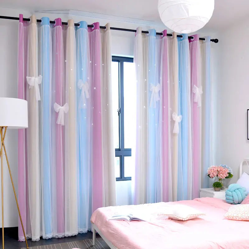 Regenbogen Farbverlauf Stern Ausschnitt Verdunkelungsvorhang Doppel Lage mit Ösen für Schlafzimmer Wohnzimmer 2 Stück/Set Kaufschwan® Warme Landschaft W132 x H244cm Ösenverschluss