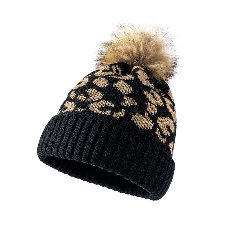 Leopardenmuster Strickmütze – Wollmütze mit Umschlagkante & Bommel | Dicke Herbst & Winter Beanie für Damen & Herren Beschreibung: Kaufschwan® Schwarz Einheitsgröße