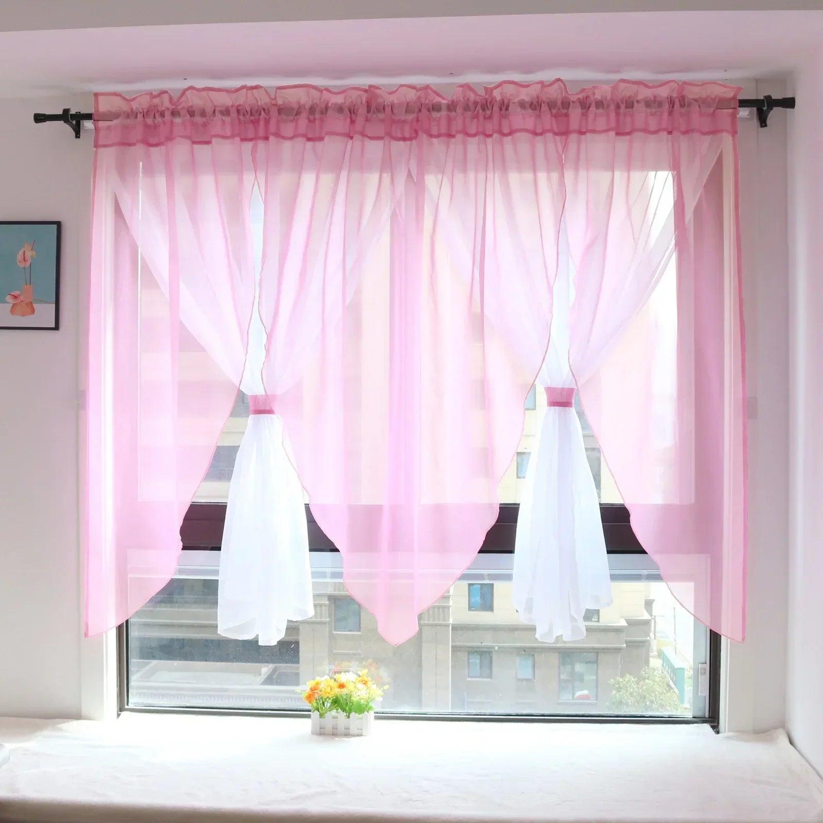 Einfarbiger Voile Transparenter Vorhang für Wohnzimmer Schlafzimmer Küche Balkon Fenster 2 Stück/Set Kaufschwan® Rosa W300cm x H140cm