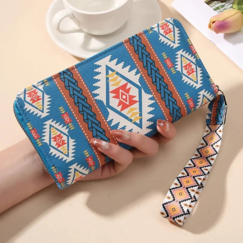 Vintage Damen Langbörse mit Geometrischem Muster – Doppeltes Fach & Große Kapazität | Koreanischer Stil Handy & Münzgeldbörse Kaufschwan® Blau