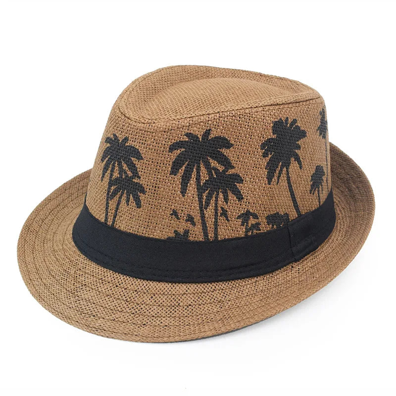 Sommer Strohhut – Herren & Damen, Kokosbaum-Muster, Outdoor Atmungsaktiv, Tropischer Jazz Fedora, Panama Hut Kaufschwan® Kaffeefarben