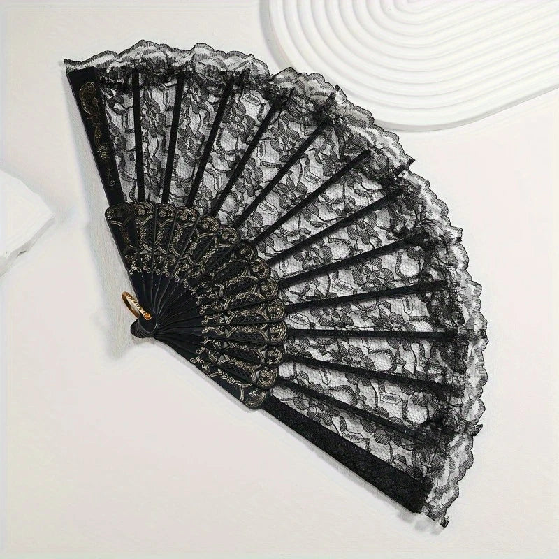 Klassischer Spitzenhandfächer | Faltbarer Handfächer mit Blumenmuster für Frauen | Hochzeiten, Nachtclubs & Cosplay Kaufschwan®
