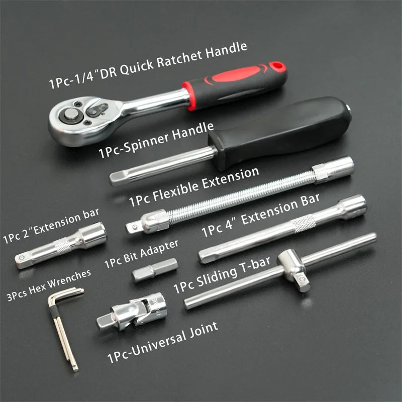 46-teiliges 1/4" Steckschlüssel & Ratschen Set Metrisches Hex Bit Werkzeugkoffer