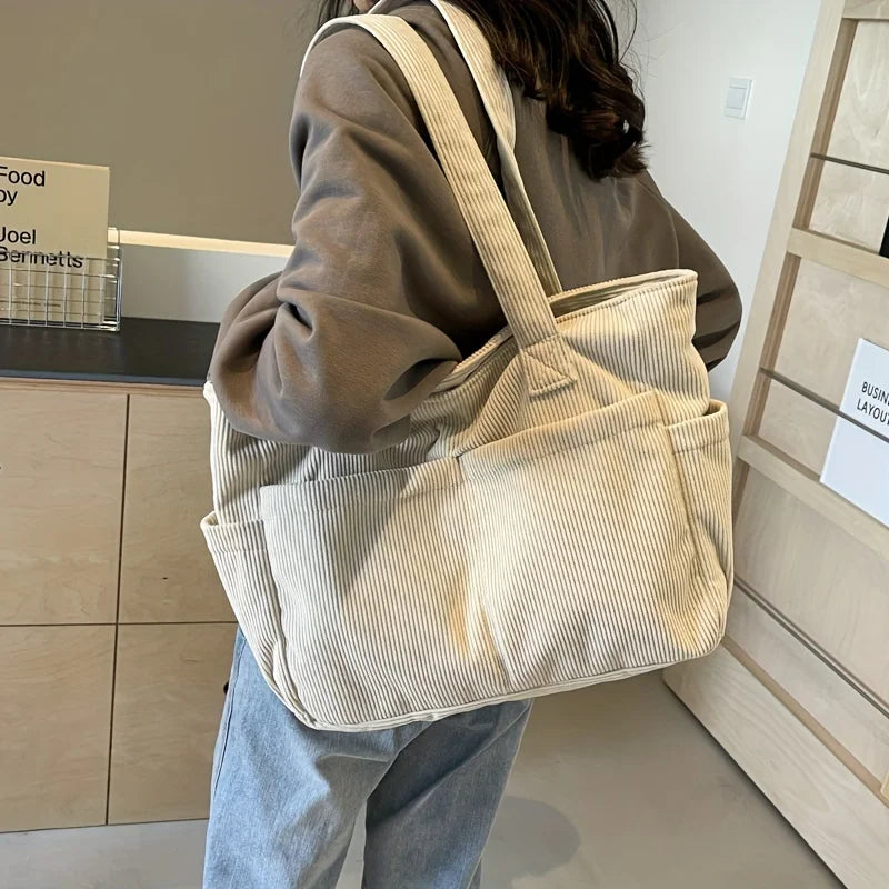 Damen Casual Cord Tote Bag – Gestreifte Schultertasche mit Reißverschluss | Große Kapazität Handtasche für Alltag & Shopping Kaufschwan®
