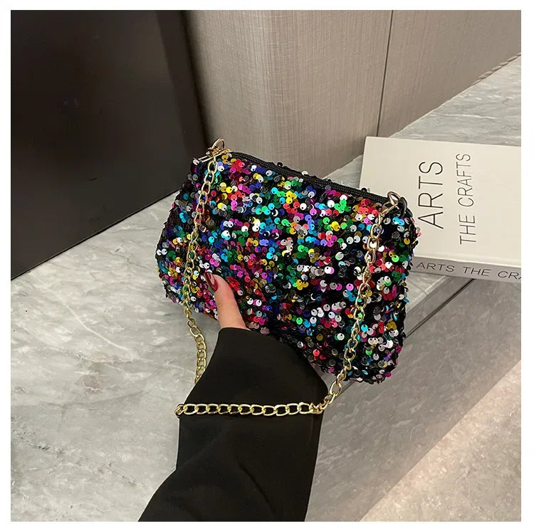 Pailletten Crossbody Kettentasche – Einfarbige Schultertasche, Underarm Bag & Abend Clutch Handtasche für Damen Kaufschwan®