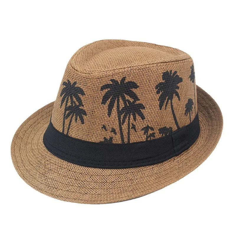 Sommer Strohhut – Herren & Damen, Kokosbaum-Muster, Outdoor Atmungsaktiv, Tropischer Jazz Fedora, Panama Hut Kaufschwan®