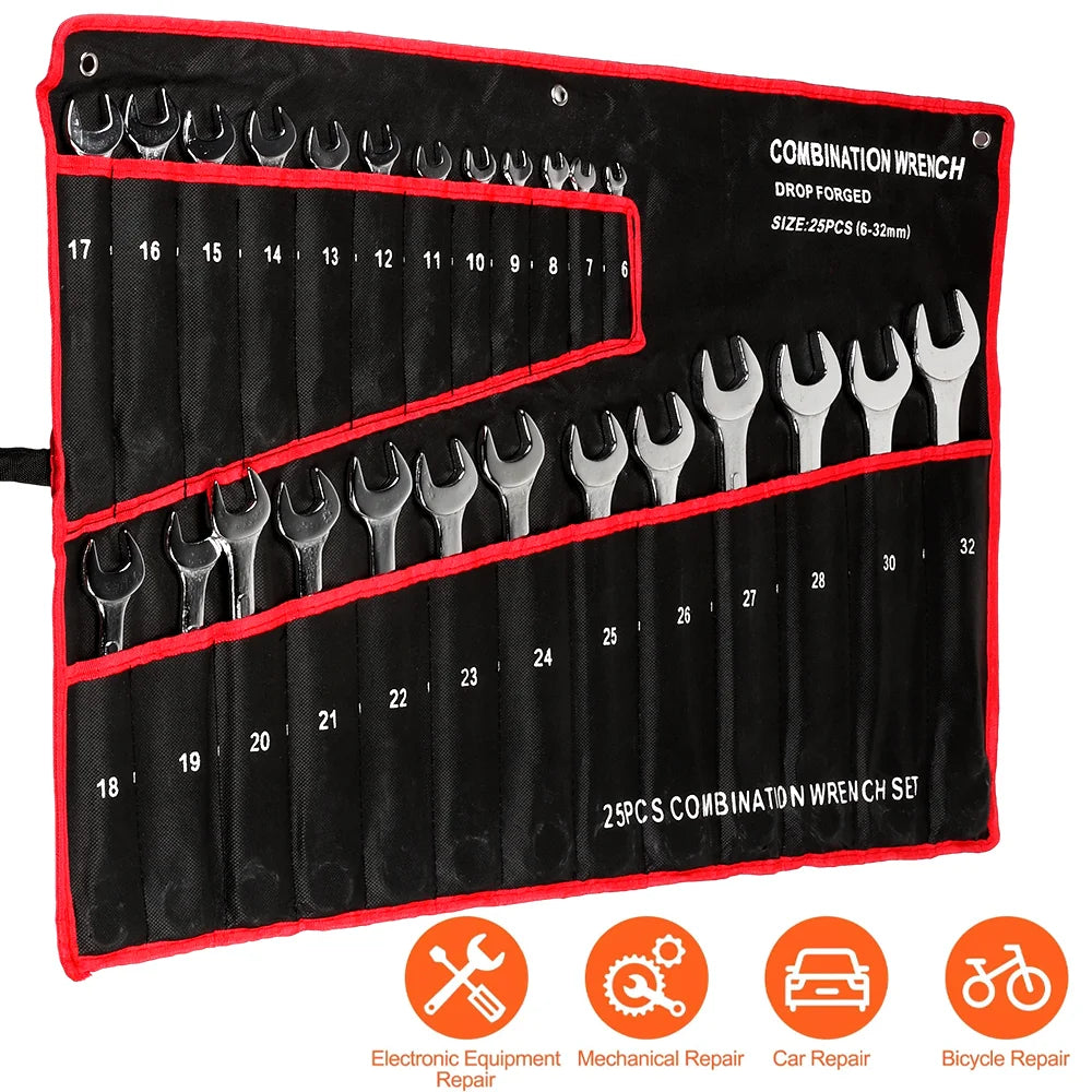 25-teiliges Dual-Ratschen Schraubenschlüssel Set 6-32mm mit Torx & Canvas Werkzeugtasche