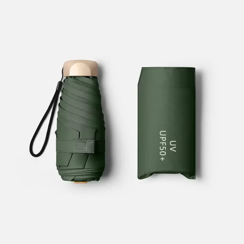 Mini Regenschirm im Taschenformat – Faltbarer Vinyl UV-Schutz Schirm für Sonne & Regen mit Kapsel-Etui Kaufschwan® Dunkelgrün