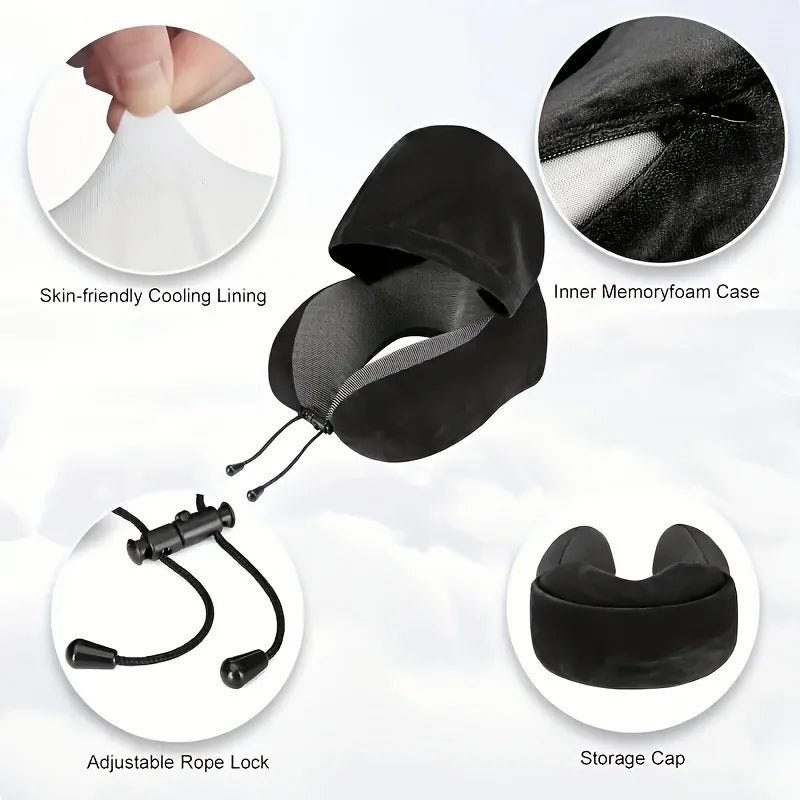 Memory Foam U Förmiges Reisekissen mit Kapuze – Tragbares Nackenkissen für Reisen, Büro und Zuhause Kaufschwan®