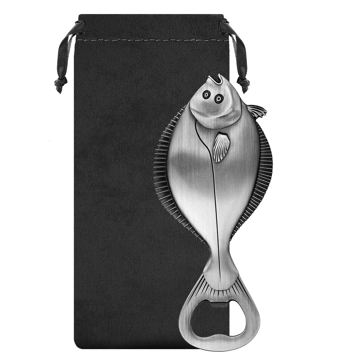 Flunder Fisch Flaschenöffner – Steampunk Metall Design Geschenk für Angler Kaufschwan® Silber mit Tasche