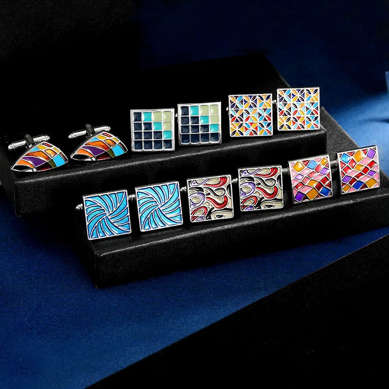 Herren Manschettenknöpfe – Buntes Emaille Quadrat Design | Modische Kariert Bemalte Metallknöpfe für Hemden & Anzüge Kaufschwan®