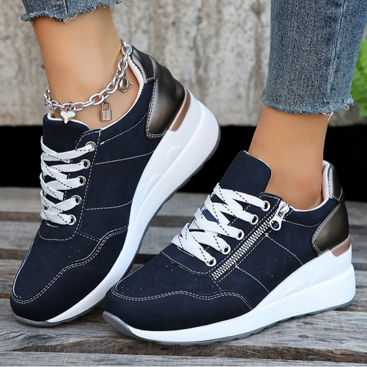 Damen Keil-Sneaker in Übergrößen – Frühling Schnürschuhe mit Plateau-Sohle | Leichte, Rutschfeste Freizeit-Schuhe Kaufschwan® Blau 38