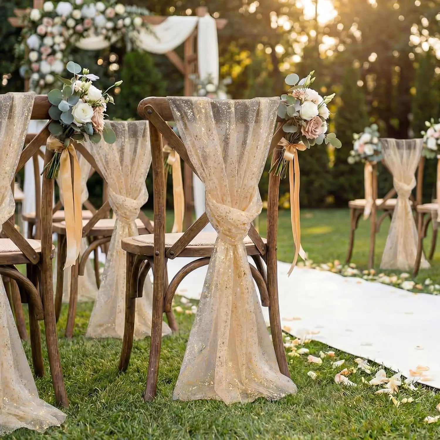 Goldfolien Stuhlschleifen – Glänzende Metallic Schleifen für Hochzeit & Events Kaufschwan®