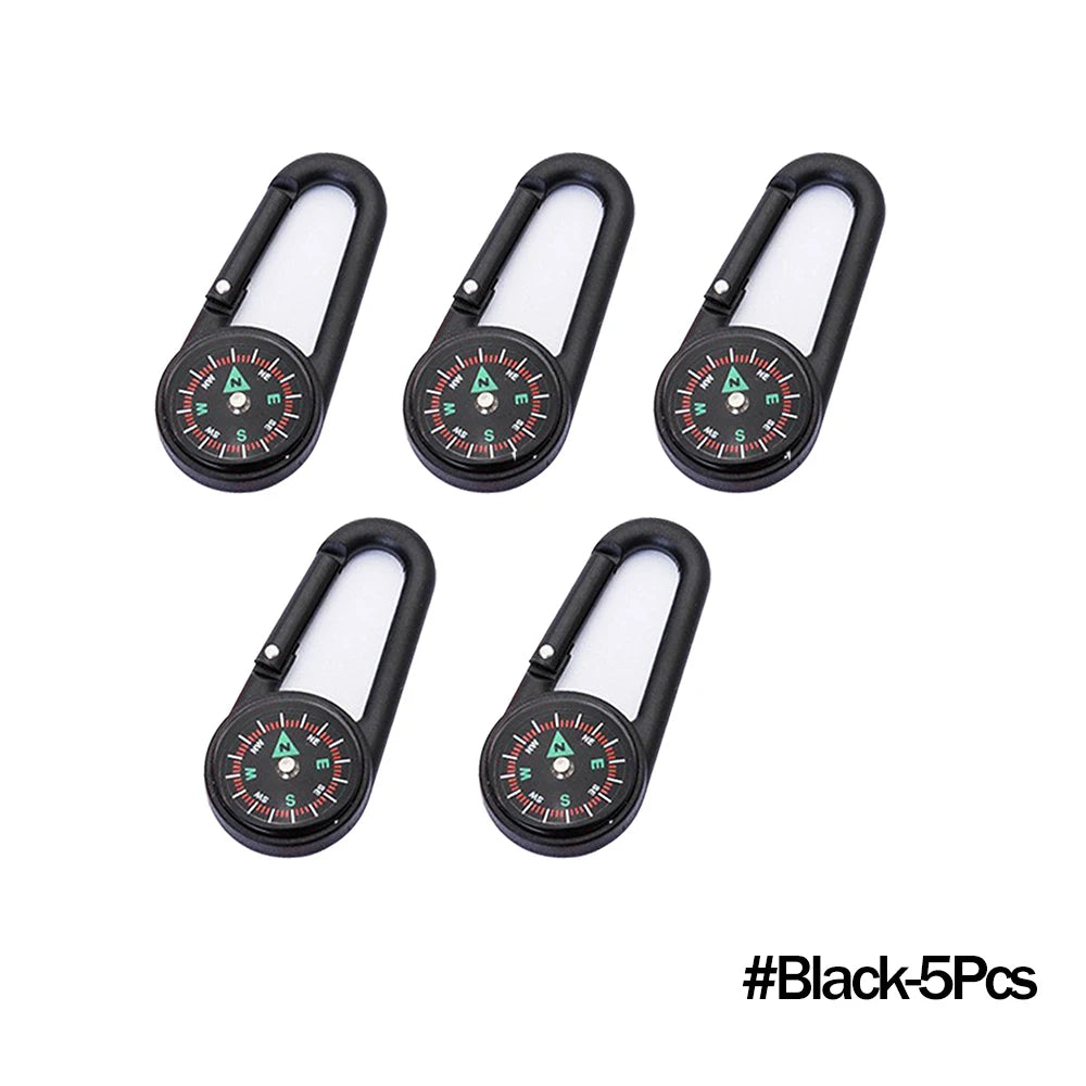Outdoor Kompass Karabiner Schlüsselanhänger – Mini Camping Buckle für Bergsteigen, Wandern, Rucksäcke & Survival | Kinder Geschenkclip mit Kompass Kaufschwan® Schwarz – 5 Stück