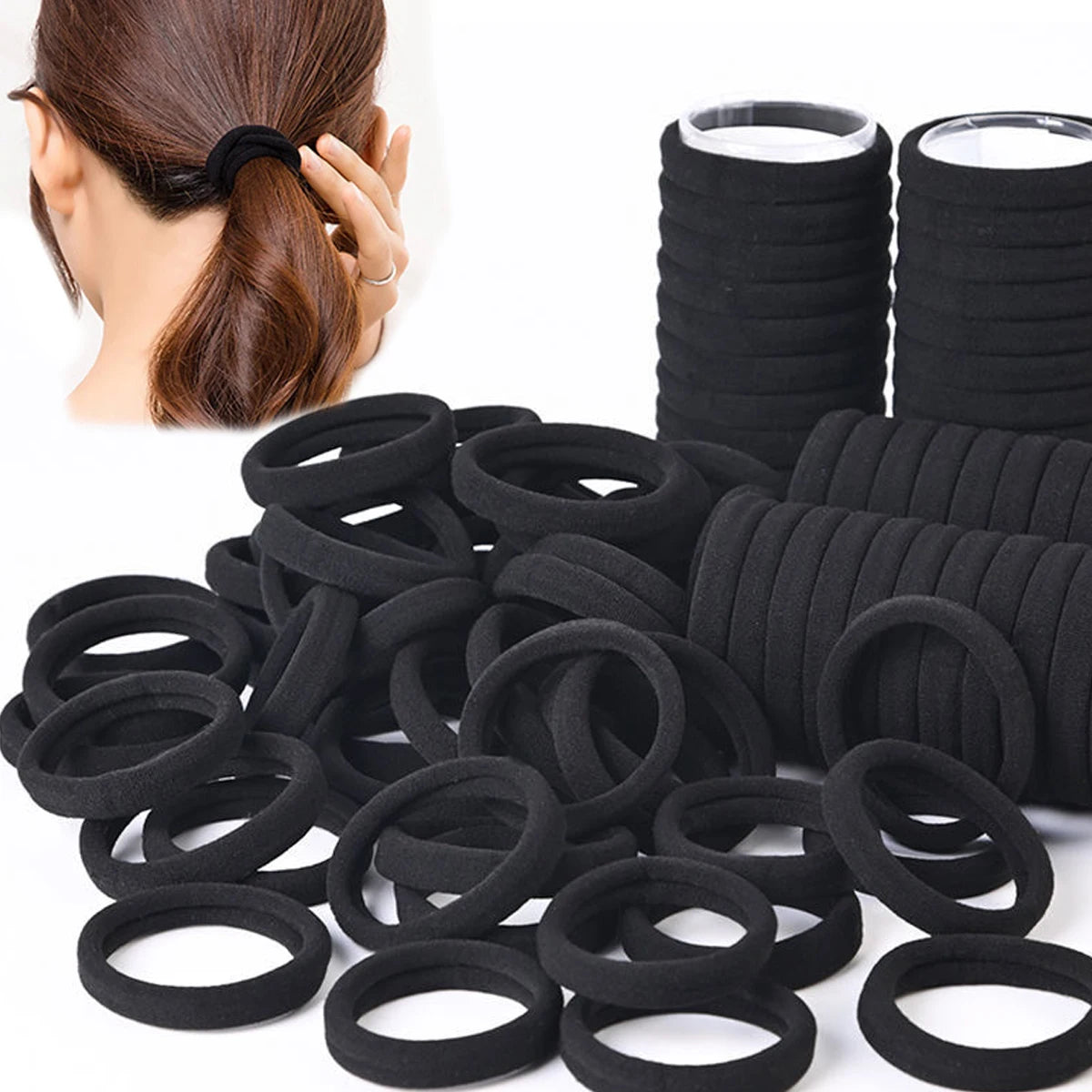 Großpackung mit 50 oder 100 hochwertigen schwarzen Haargummis – geeignet für alle Haartypen und Frisuren. Kaufschwan®