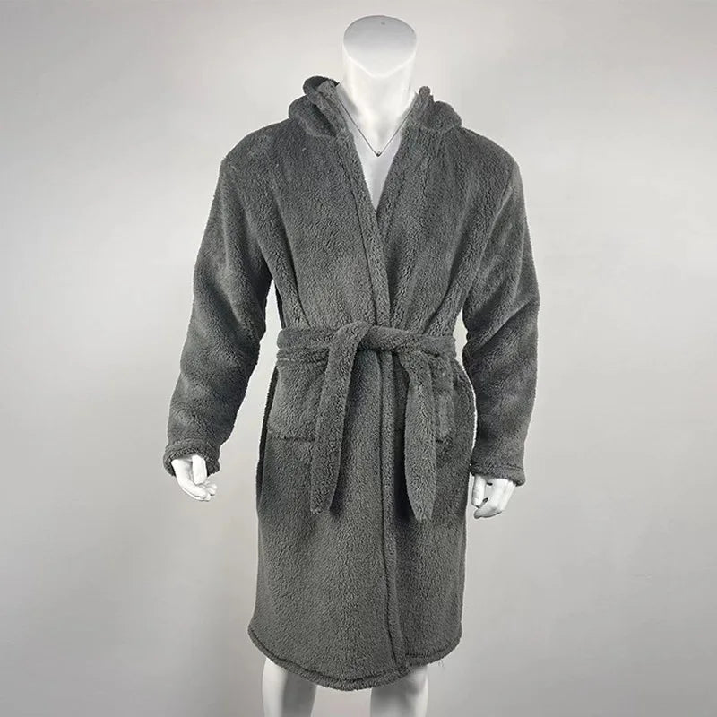 Langer Winter-Morgenmantel für Herren – Dicker Plüsch-Bademantel aus Fleece mit Schalkragen & Langen Ärmeln