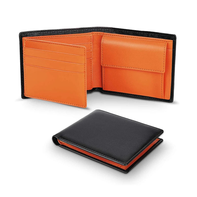 Herren Tri-Fold Geldbörse aus Echtem Leder – RFID Schutz & Anti-Diebstahl Design | Große Kapazität mit Münzfach Kaufschwan® Schwarz-Orange