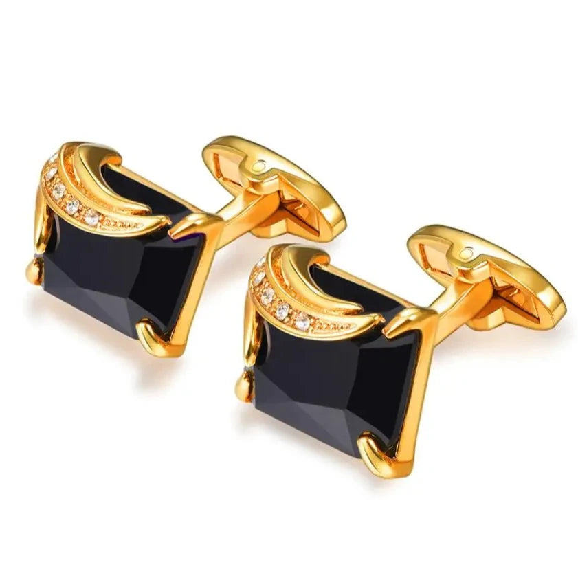 Rechteckige Herren Manschettenknöpfe mit Kristallstein – Rot, Blau & Schwarz | 14×19mm Österreichischer Kristall Luxus Schmuck Geschenk Kaufschwan® Schwarz-Gold