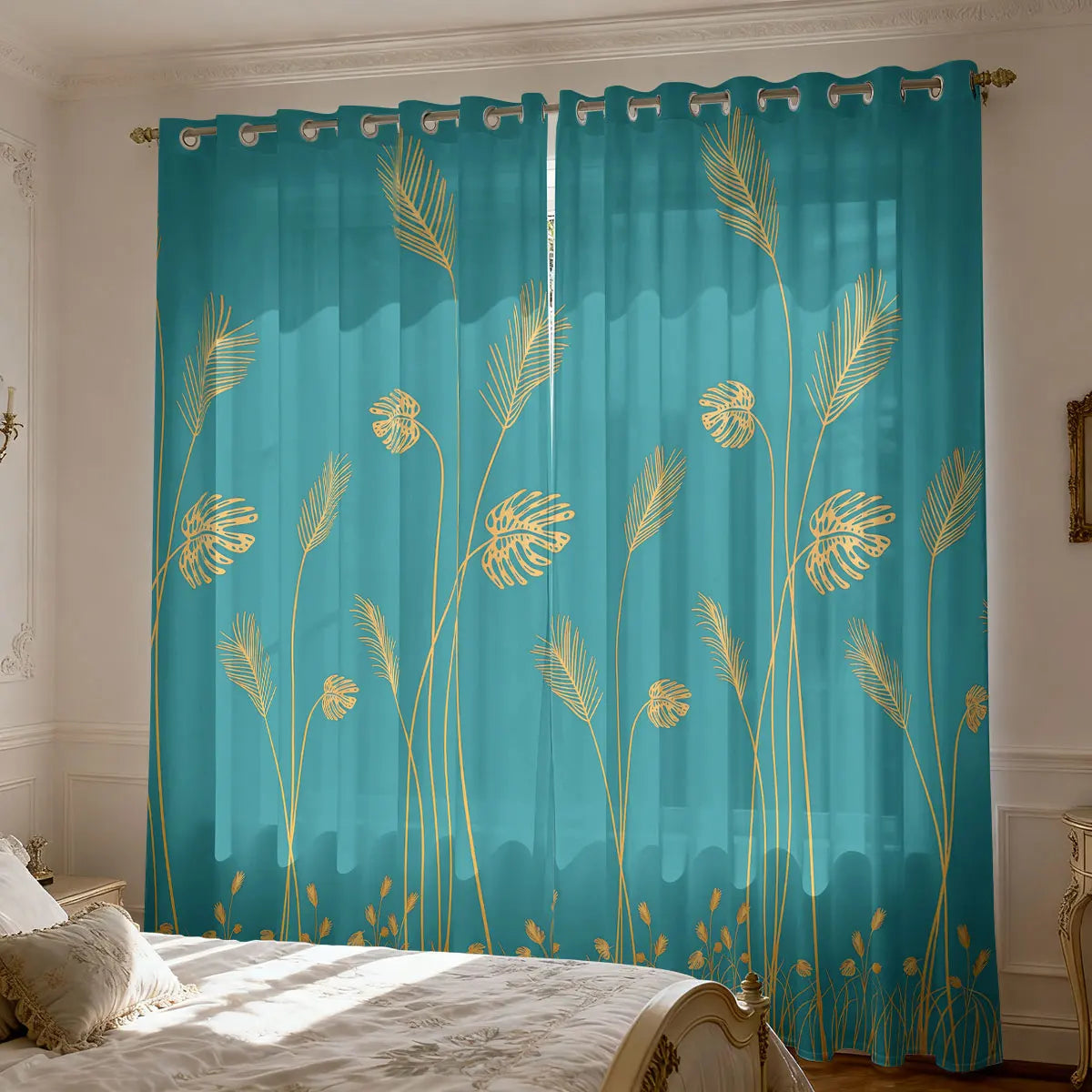 Schilf Pflanzen Print Wollvorhang Lichtblockierend Isoliert für Wohnzimmer Schlafzimmer 2 Stück/Set Kaufschwan® Türkis - Gold 264x242 cm Ösenverschluss