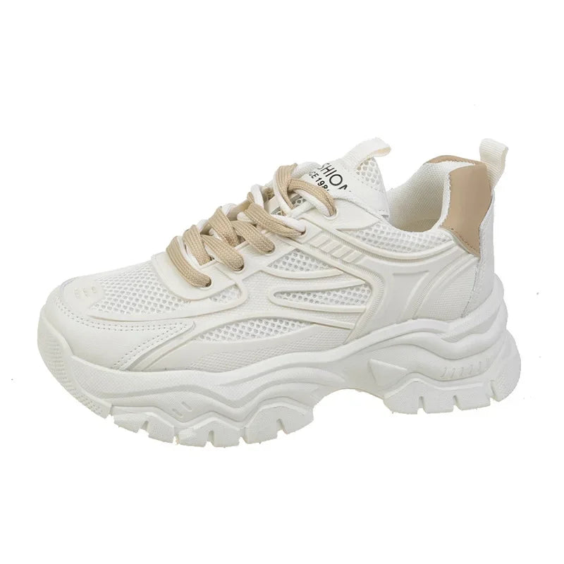 Neue Damen Plateau-Sneaker – Runde Zehenform, Mesh Tennisschuhe | Herbstmode Atmungsaktive & Bequeme Sportschuhe Kaufschwan® Beige-2 36