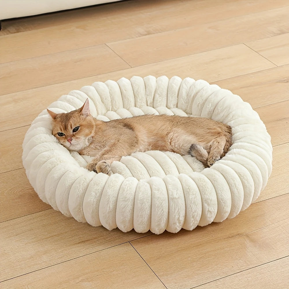 Warmes Rundes Donut-Katzenbett für Katze – Extraweiches Plüschbett & Kuscheliges Schlafnest Kaufschwan® Beige S-40cm