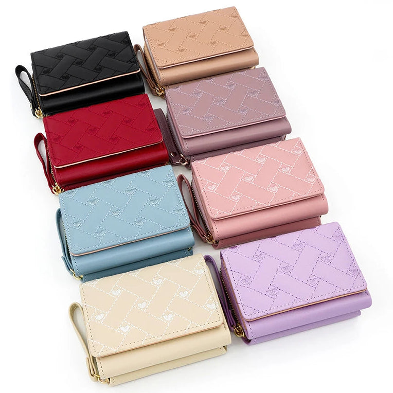 Damen Tri-Fold Kurzgeldbörse – PU Leder Kartenetui | „Love“-Stickerei im Koreanischen Minimalistischen Stil Kaufschwan®